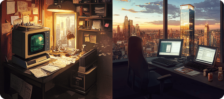 Comparison of two tech workspaces: a cluttered vintage desk with an old computer on the left, and a modern, sleek office overlooking a city skyline on the right, illustrating the evolution of technology and work environments.